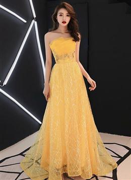 Picture of Unique Yellow Tulle Style Beaded Flowers Formal Gown, Yellow Long Prom Dresses Party Dresses